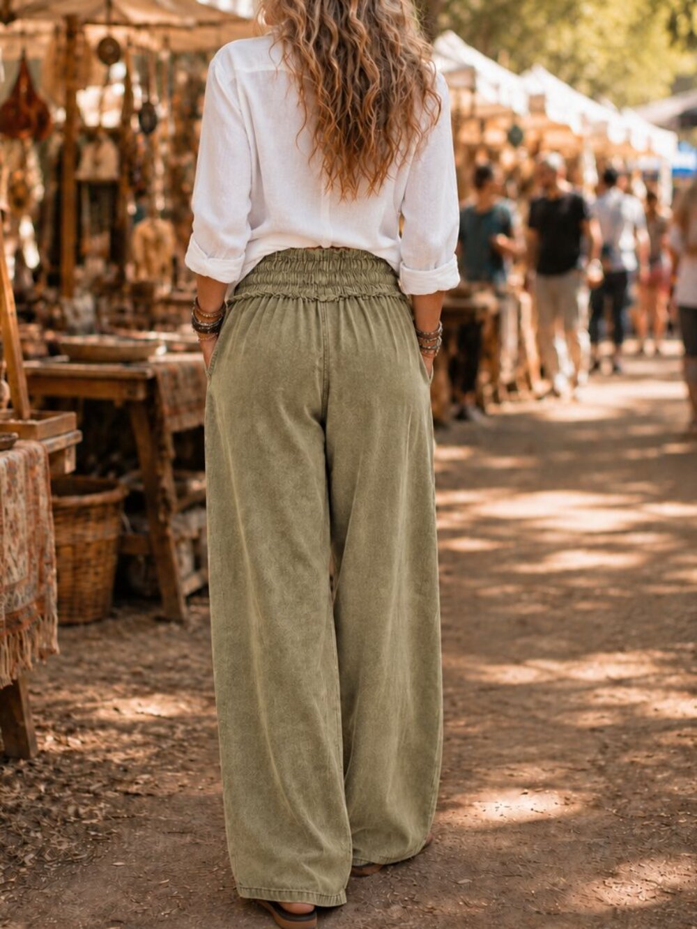 Zenana 100% Tencel Mineral Wash Coastal Wide Leg Boho Flowy Pants Olive Boho NWT - Picture 3 of 12